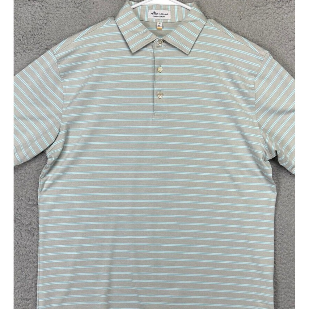 Peter Millar Summer Comfort Polo Shirt Mens Medium Grey Blue Stripes Golf Rugby